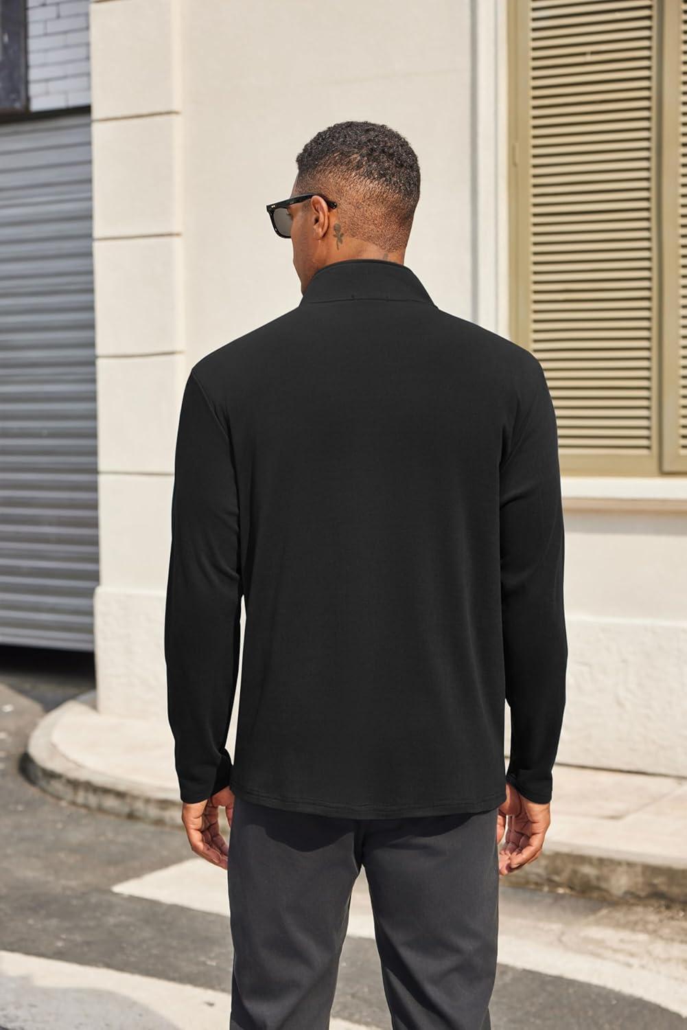 imageCOOFANDY Mens Fleece Quarter Zip Pullover Long Sleeve Mock Turtleneck Sweatshirts Thermal Workout Golf Polo ShirtBlack