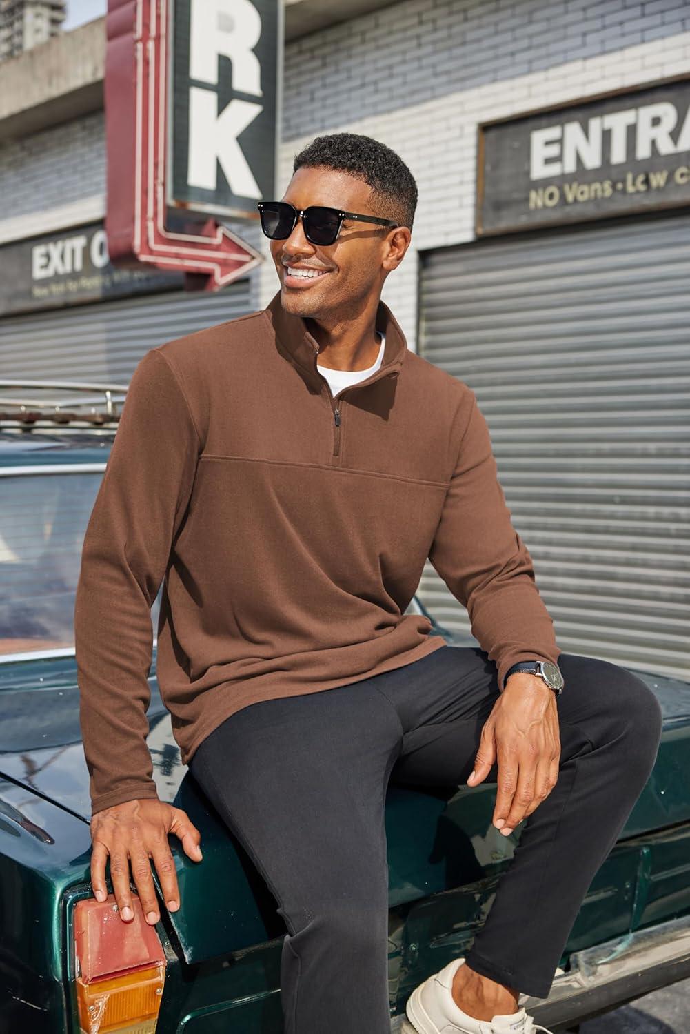 imageCOOFANDY Mens Fleece Quarter Zip Pullover Long Sleeve Mock Turtleneck Sweatshirts Thermal Workout Golf Polo ShirtBrown