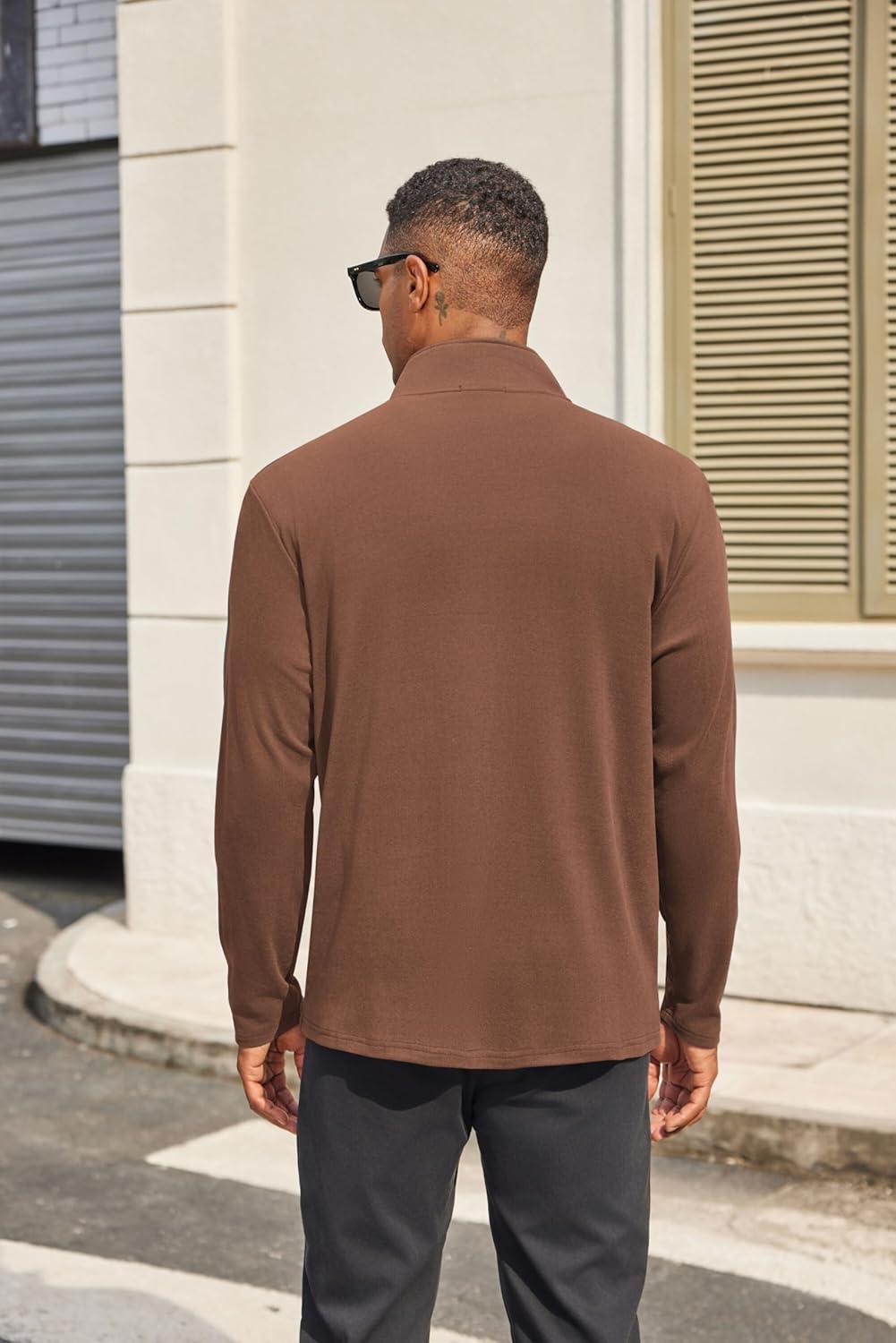 imageCOOFANDY Mens Fleece Quarter Zip Pullover Long Sleeve Mock Turtleneck Sweatshirts Thermal Workout Golf Polo ShirtBrown