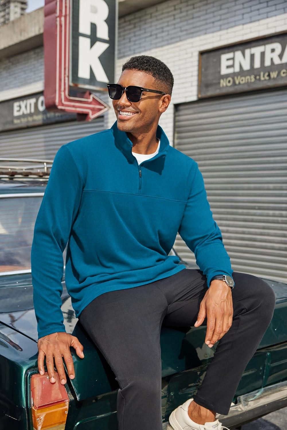 imageCOOFANDY Mens Fleece Quarter Zip Pullover Long Sleeve Mock Turtleneck Sweatshirts Thermal Workout Golf Polo ShirtDark Blue