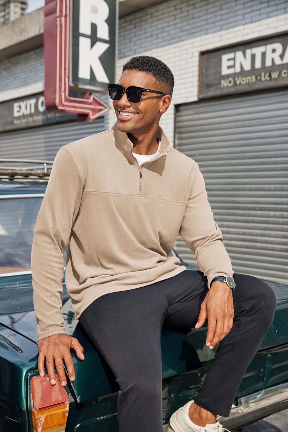 imageCOOFANDY Mens Fleece Quarter Zip Pullover Long Sleeve Mock Turtleneck Sweatshirts Thermal Workout Golf Polo ShirtKhaki