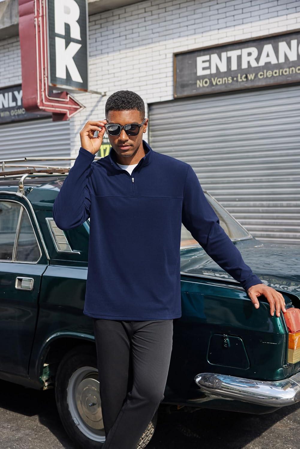 imageCOOFANDY Mens Fleece Quarter Zip Pullover Long Sleeve Mock Turtleneck Sweatshirts Thermal Workout Golf Polo ShirtNavy Blue