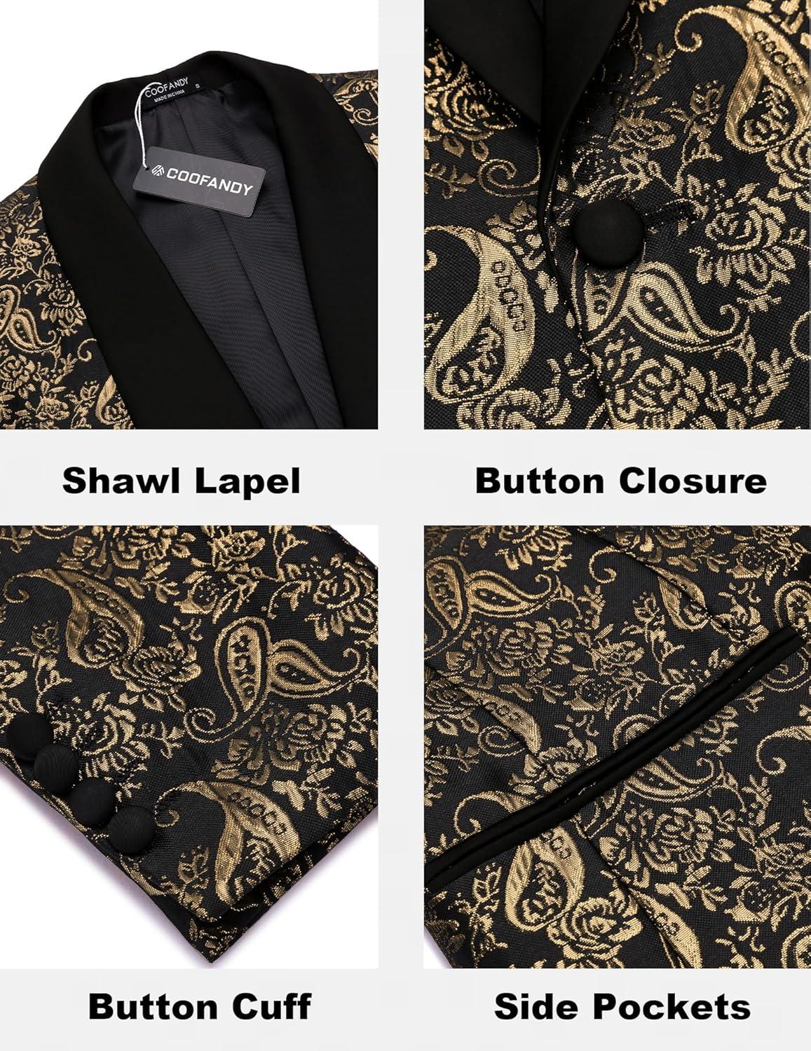 imageCOOFANDY Mens Floral Tuxedo Jacket Jacquard Suit Jacket Slim Fit Blazer for Wedding Prom DinnerType02gold