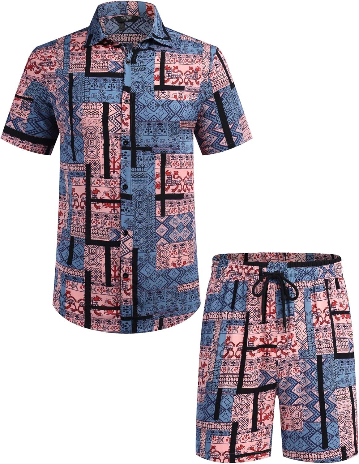 imageCOOFANDY Mens Hawaiian Matching Set Summer Beach 2 Piece Outfits Flower Button Down Shirts and Shorts Vacation OutfitsBlue Abstract Graphics