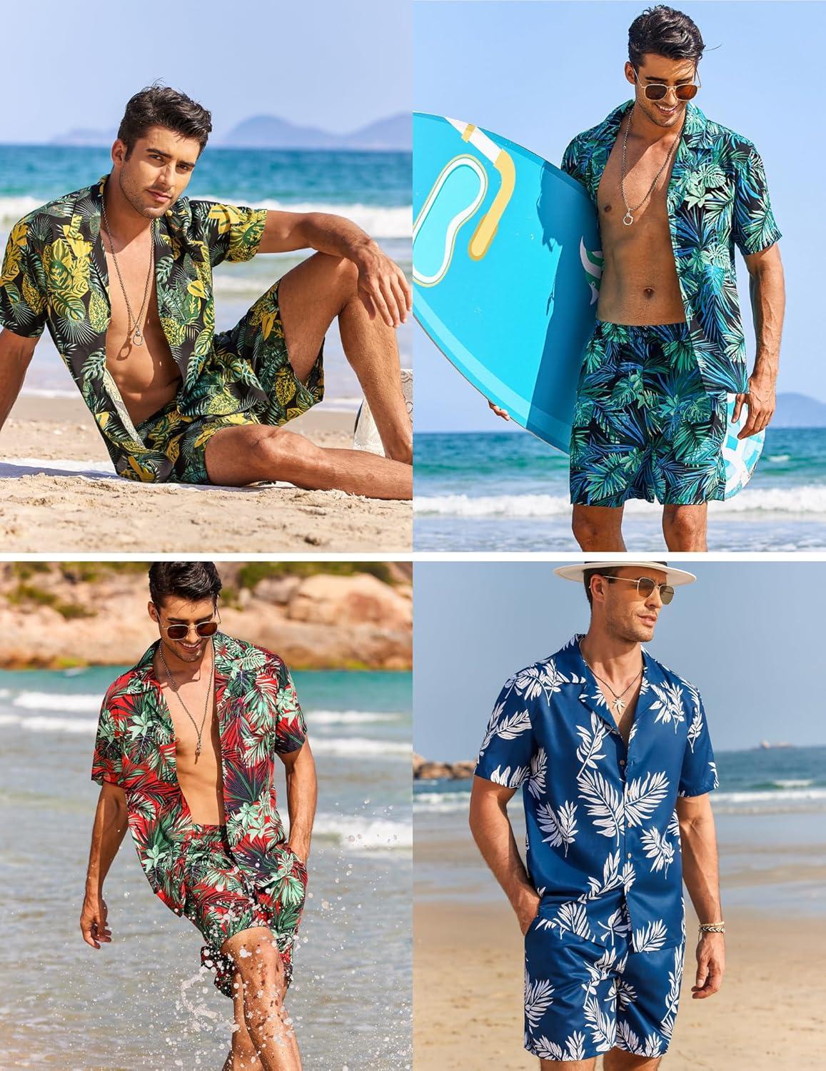 imageCOOFANDY Mens Hawaiian Matching Set Summer Beach 2 Piece Outfits Flower Button Down Shirts and Shorts Vacation OutfitsCoconut Trees