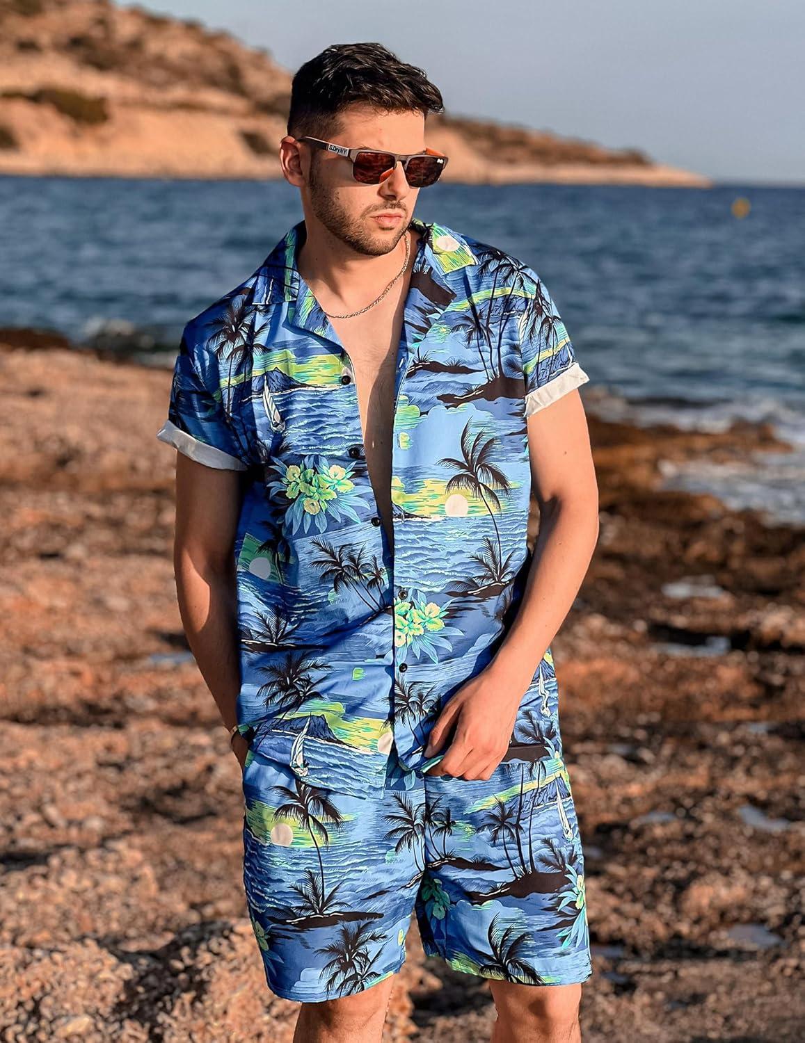 imageCOOFANDY Mens Hawaiian Matching Set Summer Beach 2 Piece Outfits Flower Button Down Shirts and Shorts Vacation OutfitsCoconut Trees