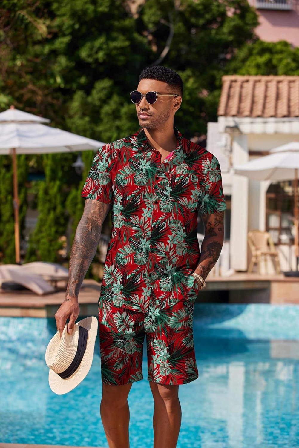 imageCOOFANDY Mens Hawaiian Matching Set Summer Beach 2 Piece Outfits Flower Button Down Shirts and Shorts Vacation OutfitsLeaf Green Red