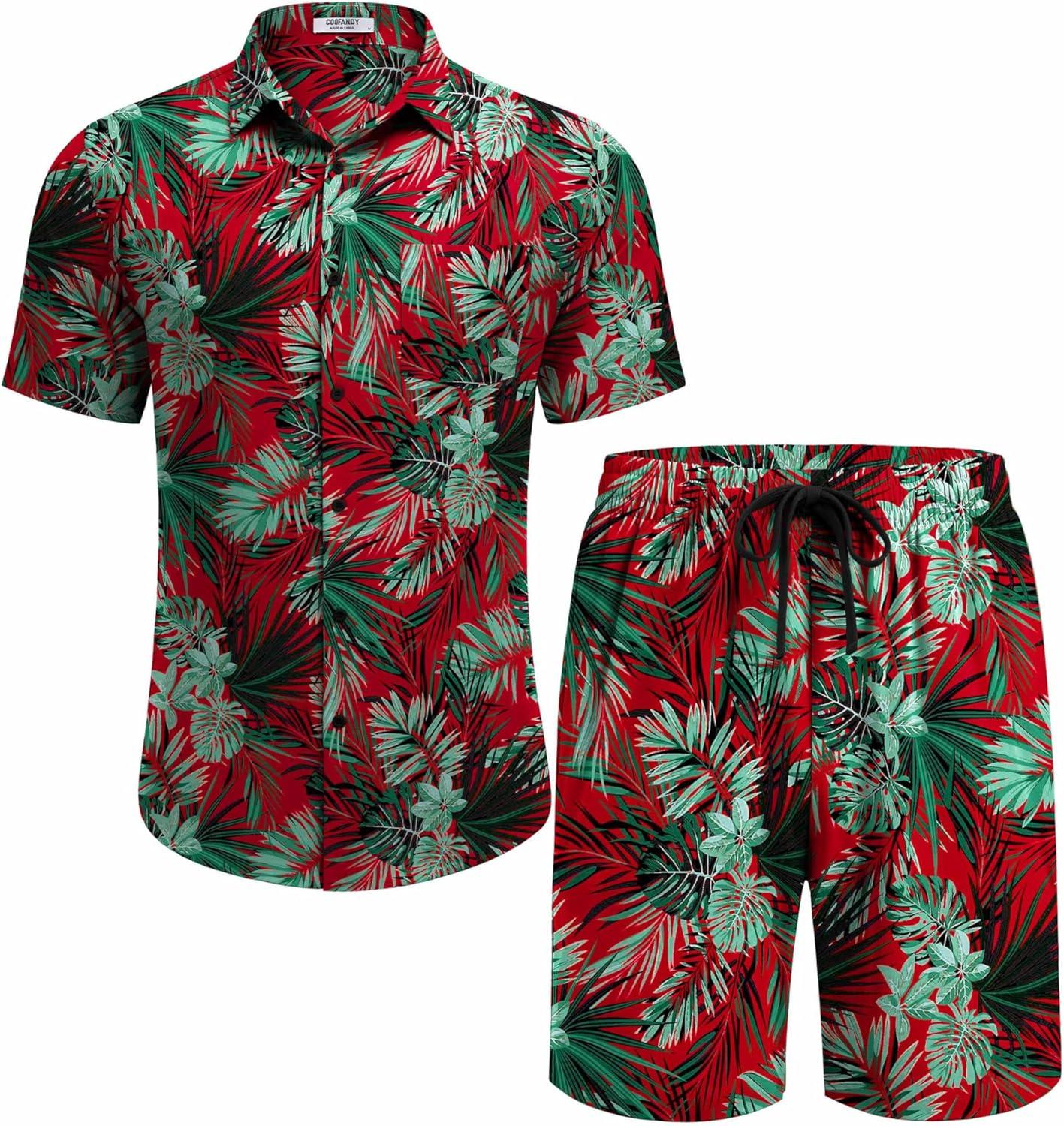 imageCOOFANDY Mens Hawaiian Matching Set Summer Beach 2 Piece Outfits Flower Button Down Shirts and Shorts Vacation OutfitsLeaf Green Red