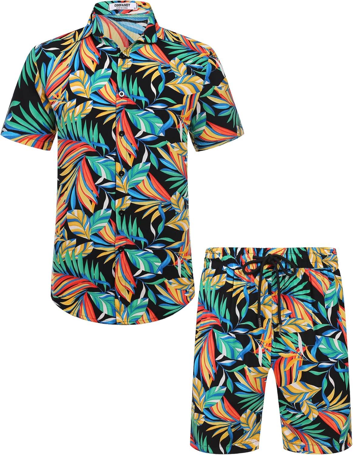 imageCOOFANDY Mens Hawaiian Matching Set Summer Beach 2 Piece Outfits Flower Button Down Shirts and Shorts Vacation OutfitsLeaves Multicolor