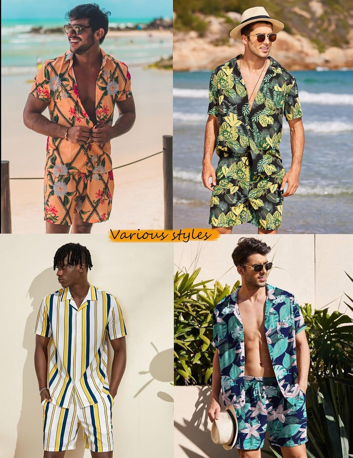 imageCOOFANDY Mens Hawaiian Matching Set Summer Beach 2 Piece Outfits Flower Button Down Shirts and Shorts Vacation OutfitsLeaves Multicolor