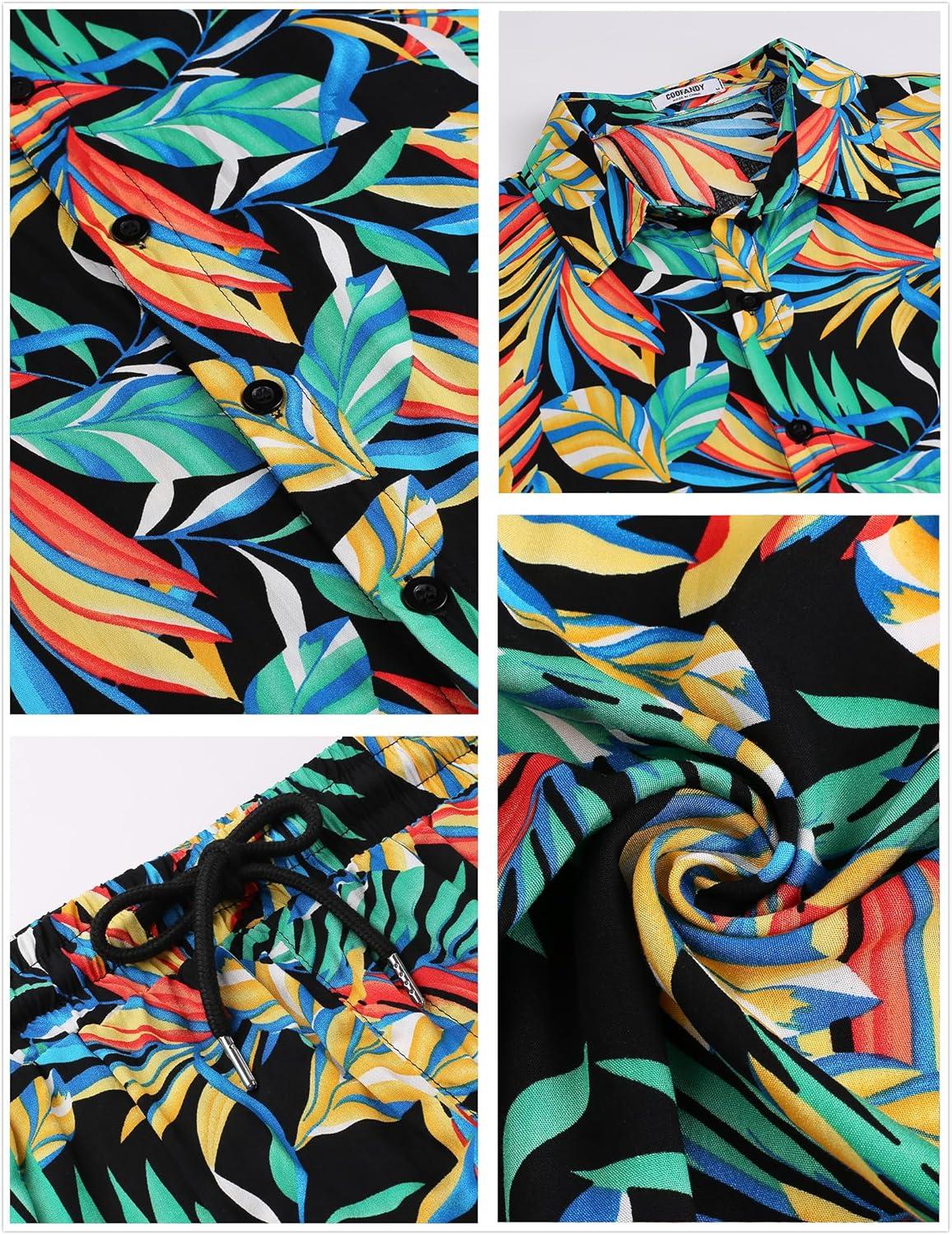 imageCOOFANDY Mens Hawaiian Matching Set Summer Beach 2 Piece Outfits Flower Button Down Shirts and Shorts Vacation OutfitsLeaves Multicolor