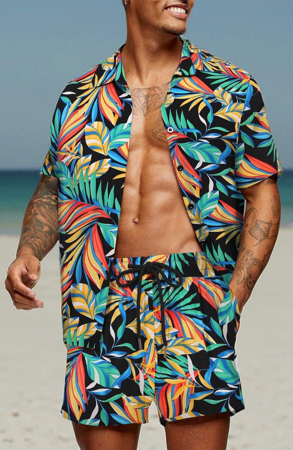 imageCOOFANDY Mens Hawaiian Matching Set Summer Beach 2 Piece Outfits Flower Button Down Shirts and Shorts Vacation OutfitsLeaves Multicolor