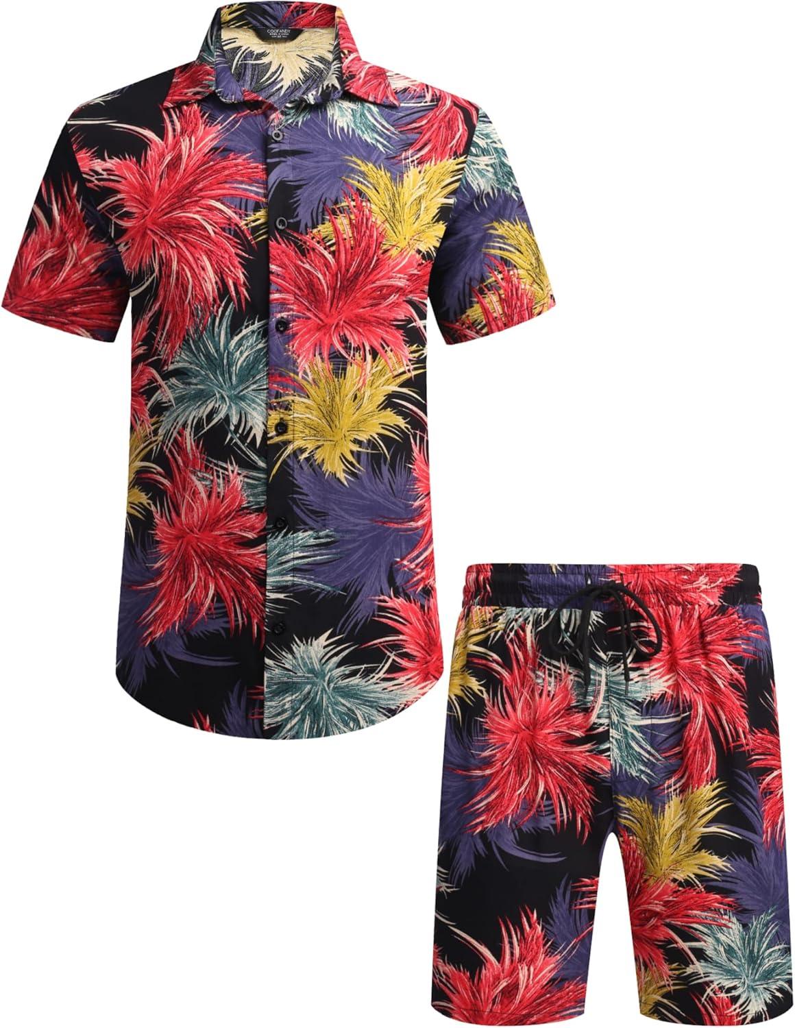 imageCOOFANDY Mens Hawaiian Matching Set Summer Beach 2 Piece Outfits Flower Button Down Shirts and Shorts Vacation OutfitsRainforestcongo