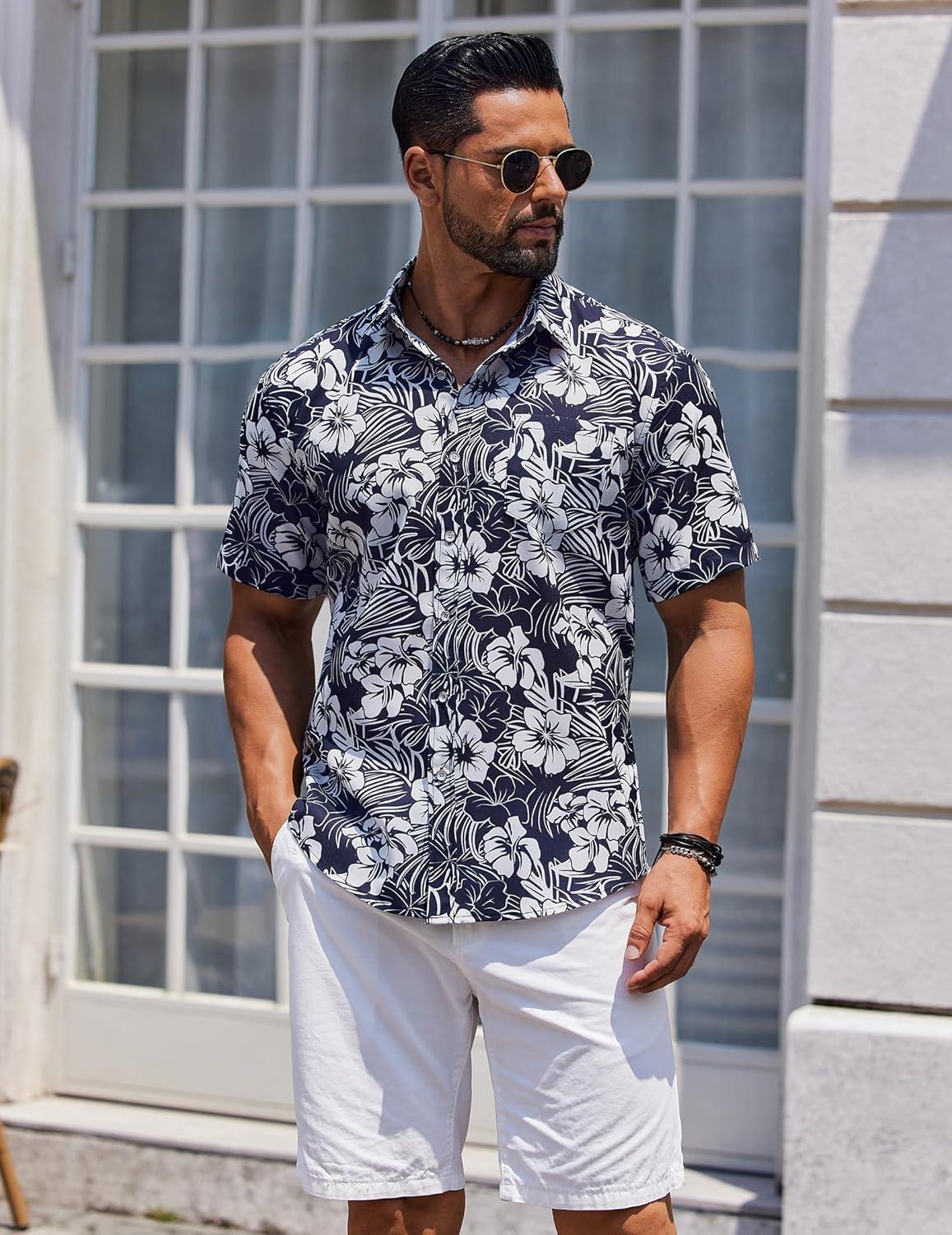 imageCOOFANDY Mens Hawaiian Shirt Short Sleeve Casual Button Down Tropical Summer Beach Aloha ShirtsBlack White Floral