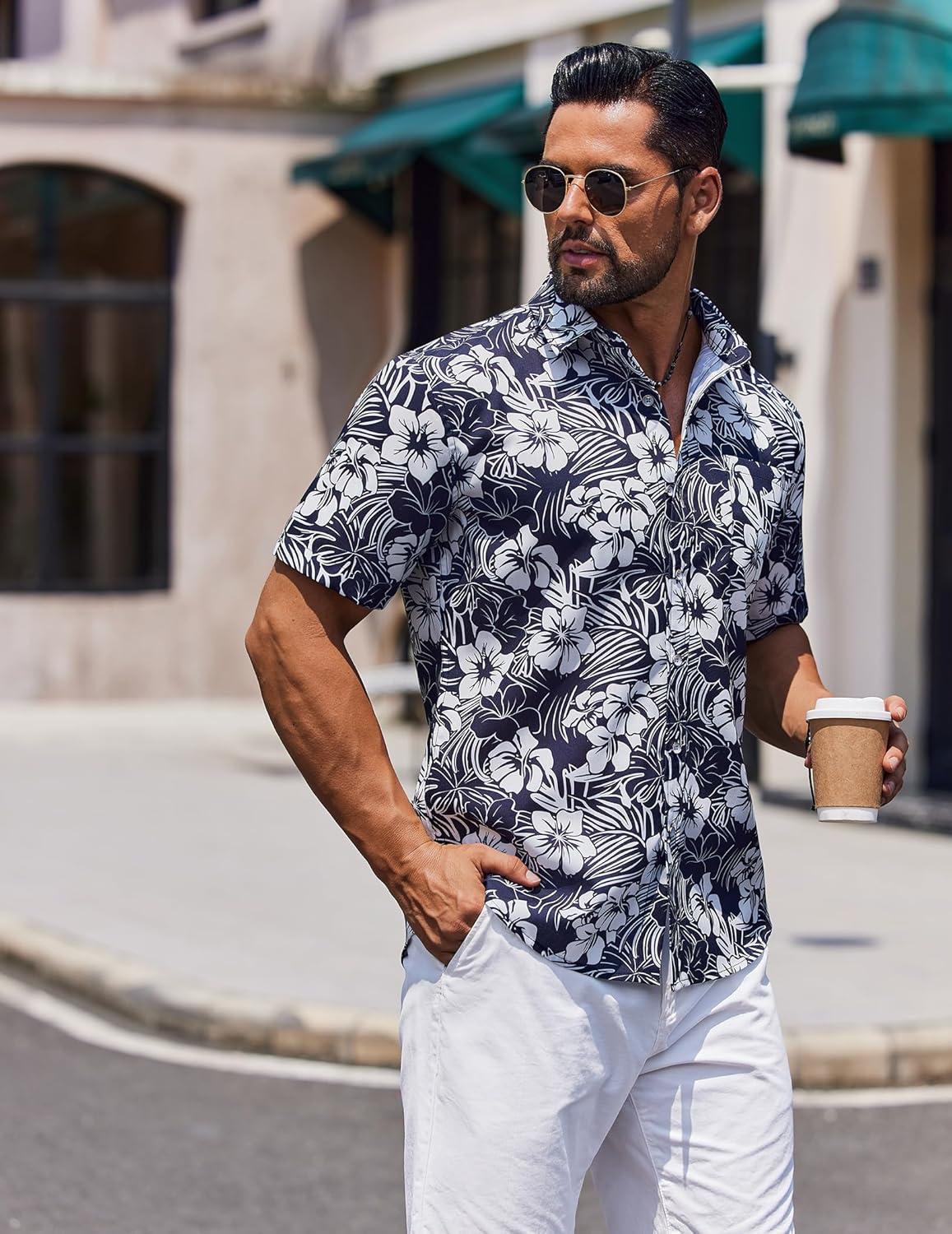 imageCOOFANDY Mens Hawaiian Shirt Short Sleeve Casual Button Down Tropical Summer Beach Aloha ShirtsBlack White Floral