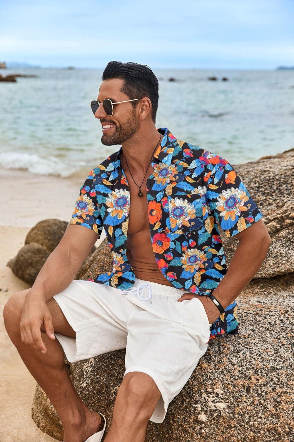imageCOOFANDY Mens Hawaiian Shirt Short Sleeve Casual Button Down Tropical Summer Beach Aloha ShirtsBlackcolorful Flowers