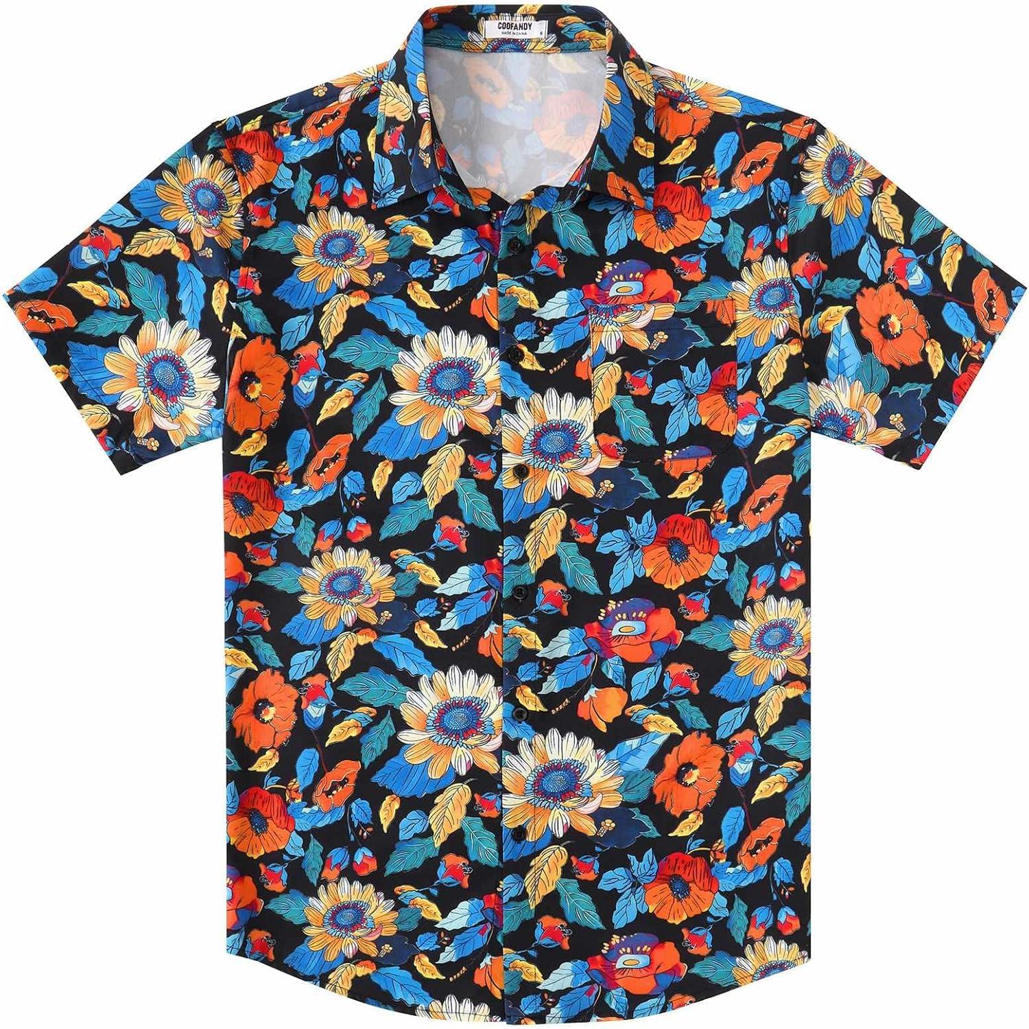 imageCOOFANDY Mens Hawaiian Shirt Short Sleeve Casual Button Down Tropical Summer Beach Aloha ShirtsBlackcolorful Flowers