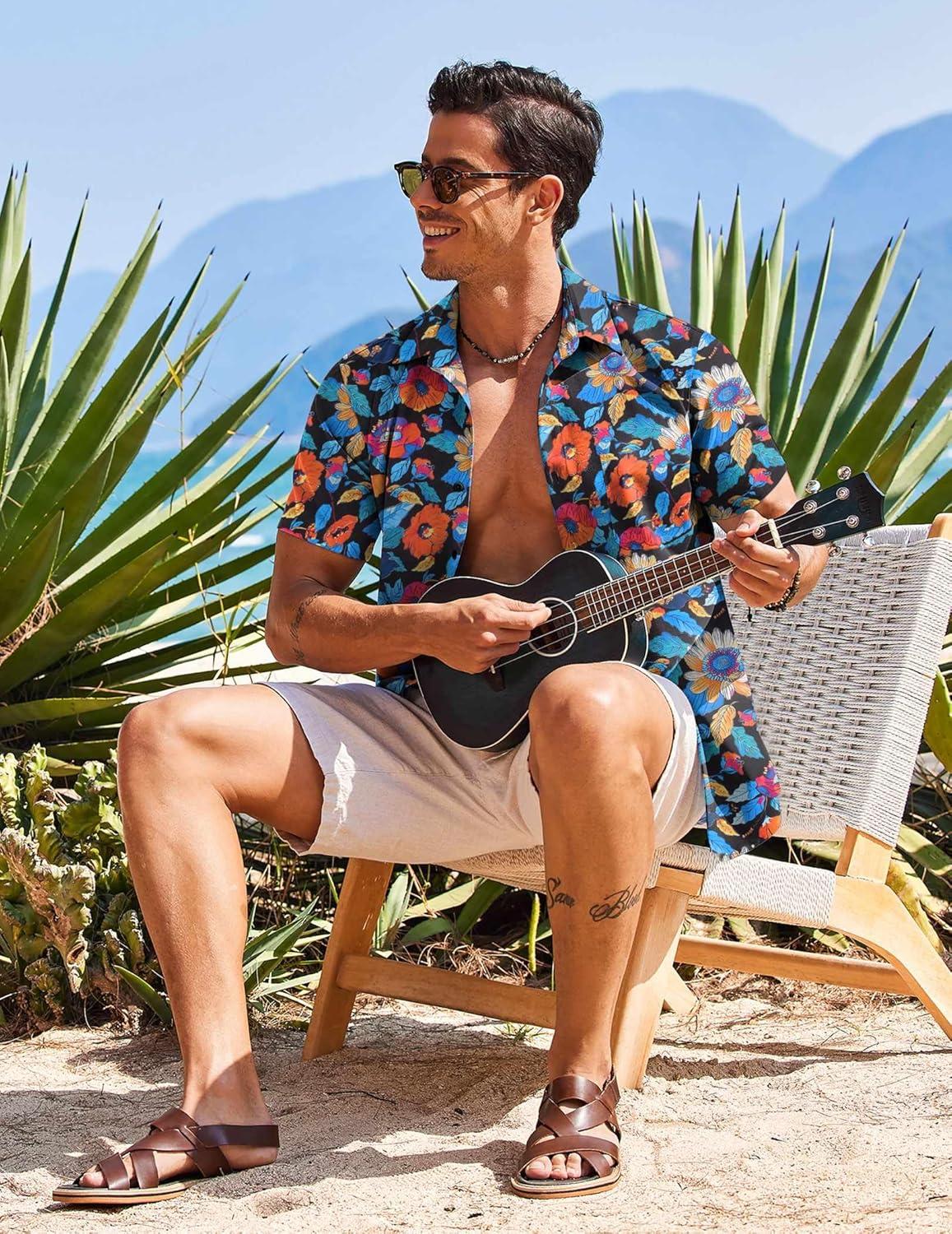 imageCOOFANDY Mens Hawaiian Shirt Short Sleeve Casual Button Down Tropical Summer Beach Aloha ShirtsBlackcolorful Flowers