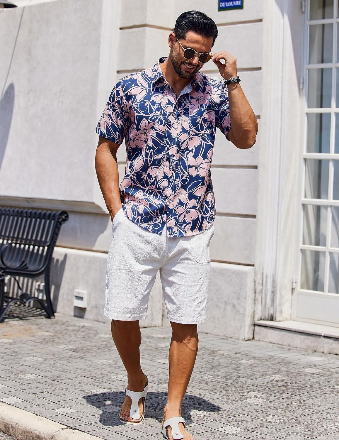 imageCOOFANDY Mens Hawaiian Shirt Short Sleeve Casual Button Down Tropical Summer Beach Aloha ShirtsNavy Blue Pink Floral