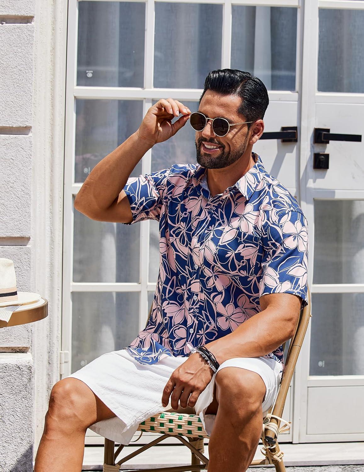 imageCOOFANDY Mens Hawaiian Shirt Short Sleeve Casual Button Down Tropical Summer Beach Aloha ShirtsNavy Blue Pink Floral