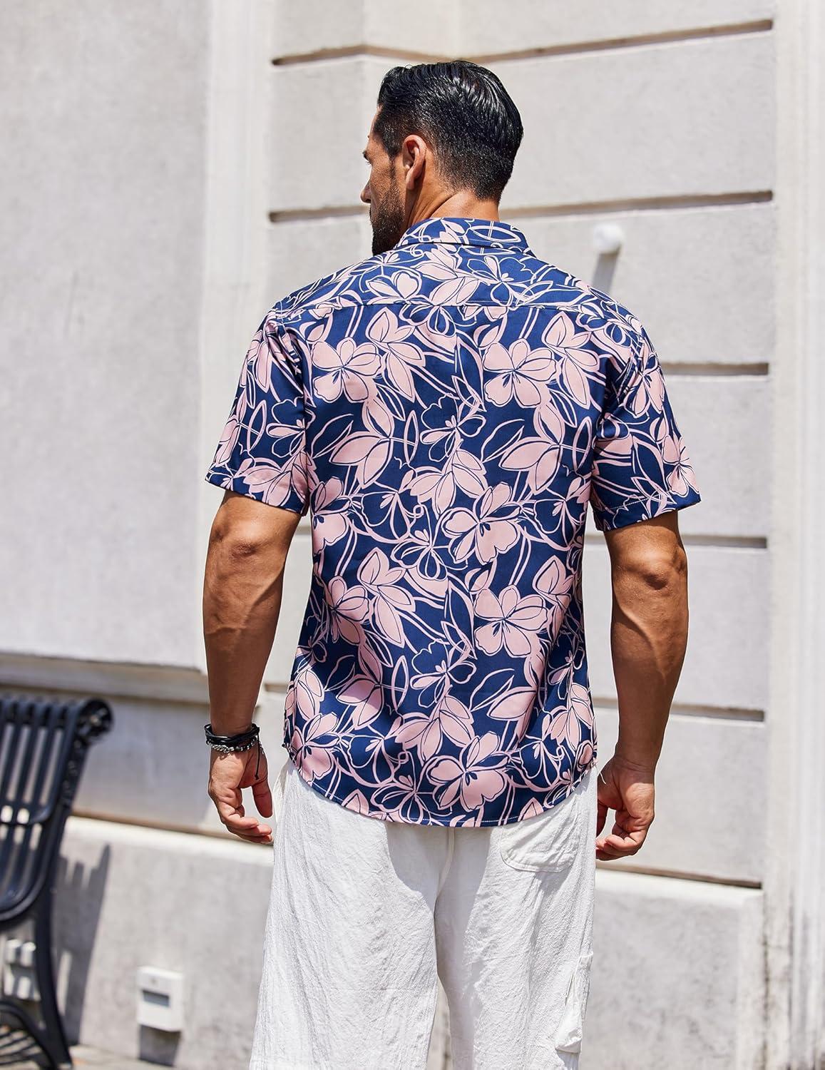 imageCOOFANDY Mens Hawaiian Shirt Short Sleeve Casual Button Down Tropical Summer Beach Aloha ShirtsNavy Blue Pink Floral
