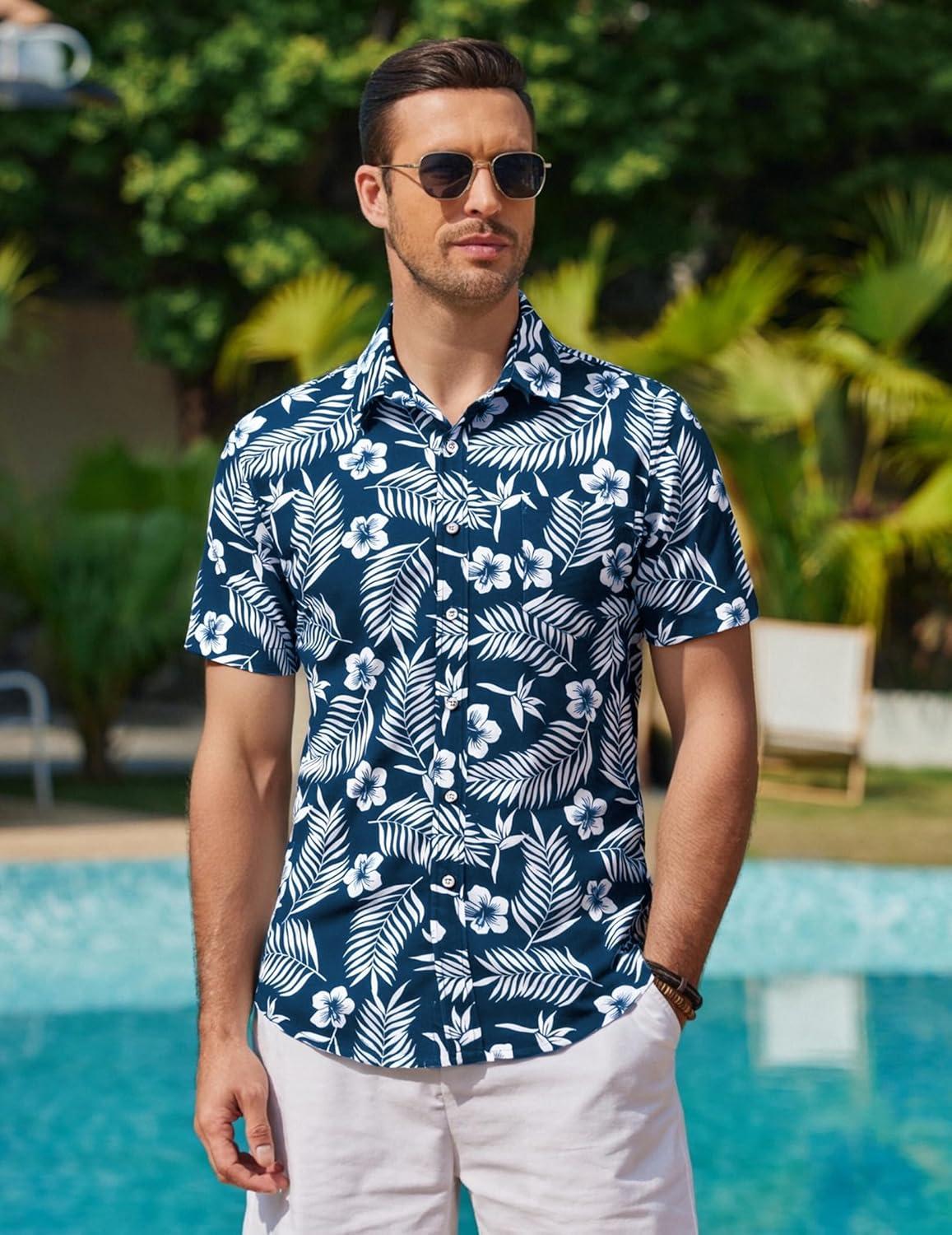 imageCOOFANDY Mens Hawaiian Shirt Short Sleeve Casual Button Down Tropical Summer Beach Aloha ShirtsNavy Blue White Leaf