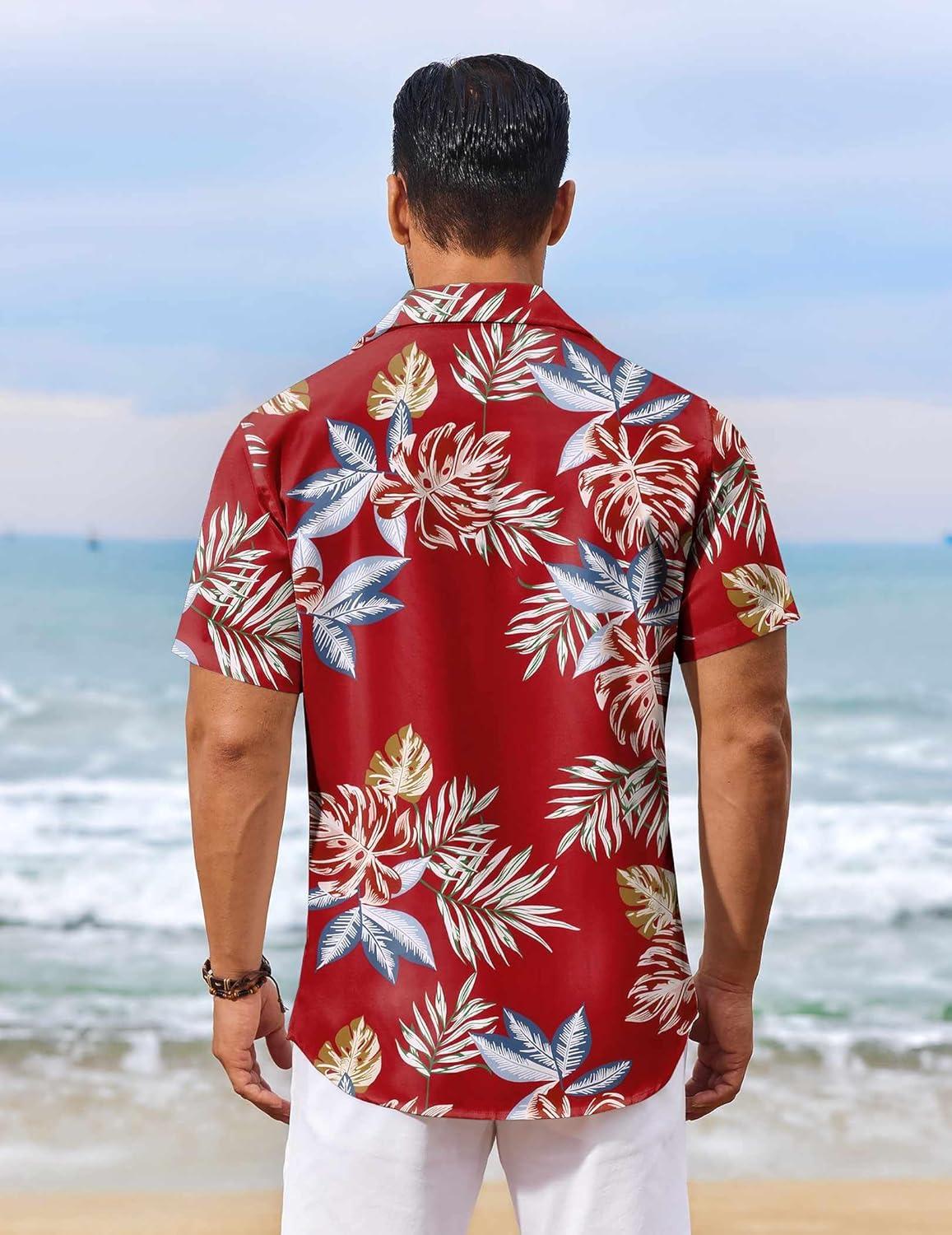 imageCOOFANDY Mens Hawaiian Shirt Short Sleeve Casual Button Down Tropical Summer Beach Aloha ShirtsRed Tropical Leaf