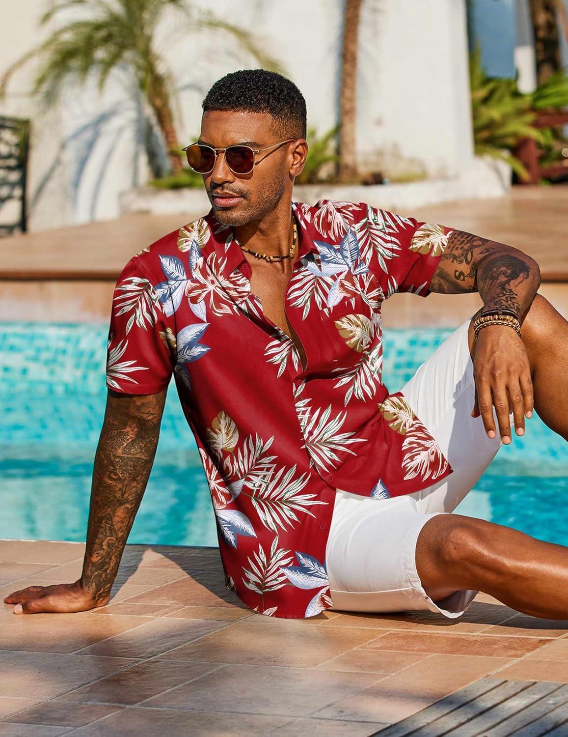 imageCOOFANDY Mens Hawaiian Shirt Short Sleeve Casual Button Down Tropical Summer Beach Aloha ShirtsRed Tropical Leaf