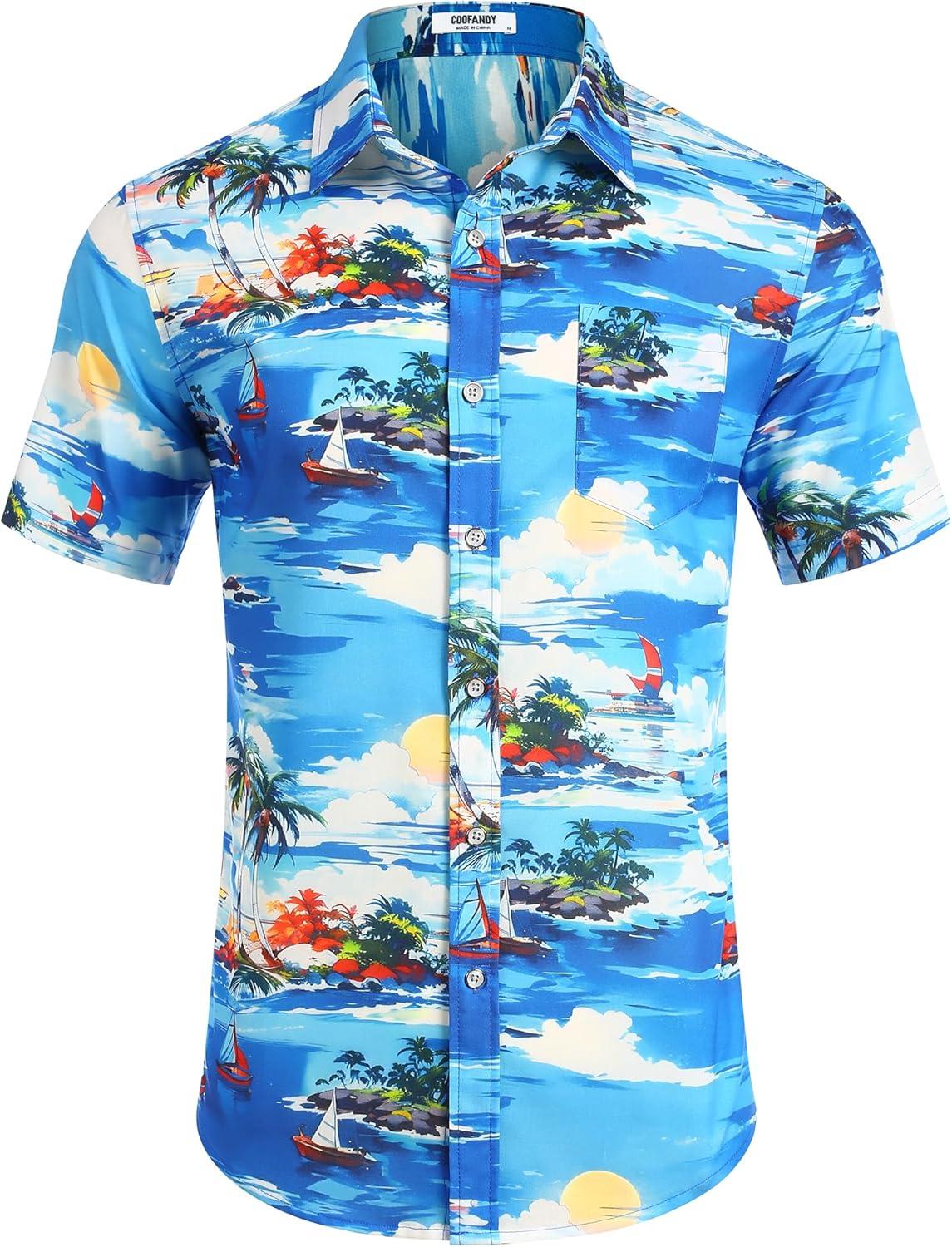imageCOOFANDY Mens Hawaiian Shirt Short Sleeve Casual Button Down Tropical Summer Beach Aloha ShirtsSea Blue