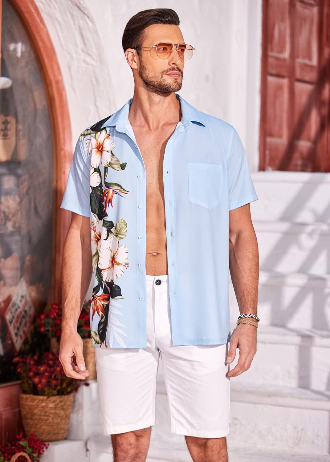 imageCOOFANDY Mens Hawaiian Shirt Short Sleeve Casual Button Down Tropical Summer Beach Aloha ShirtsSky Blue Floral