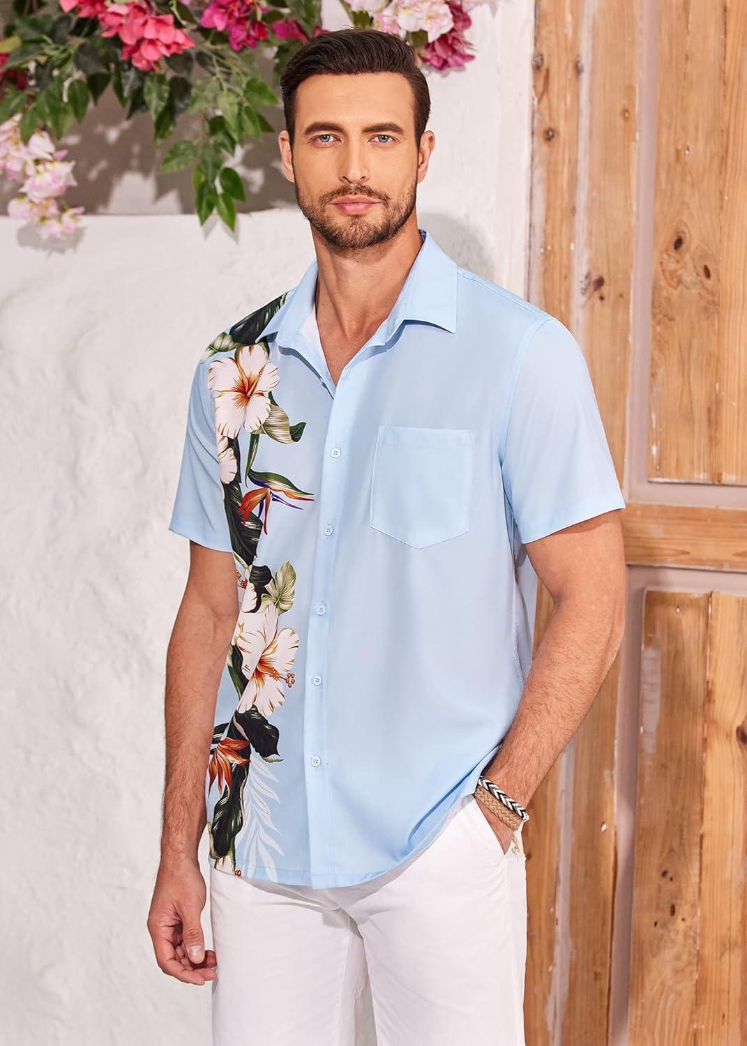 imageCOOFANDY Mens Hawaiian Shirt Short Sleeve Casual Button Down Tropical Summer Beach Aloha ShirtsSky Blue Floral