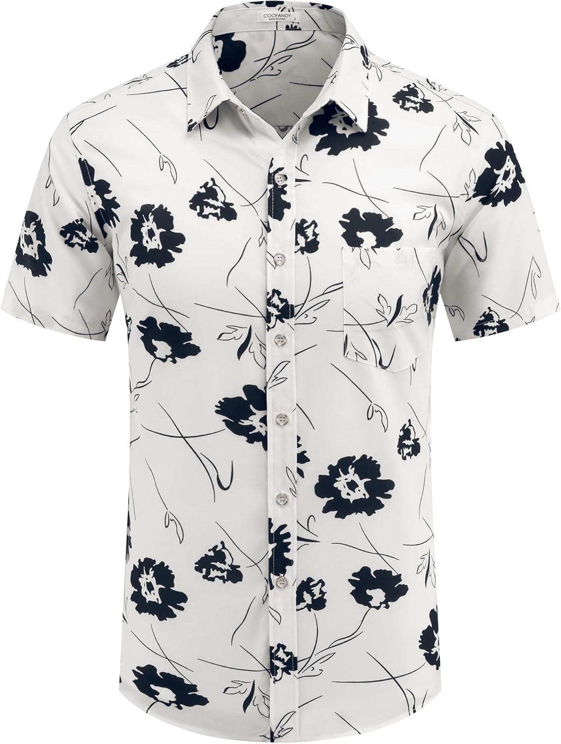 imageCOOFANDY Mens Hawaiian Shirt Short Sleeve Casual Button Down Tropical Summer Beach Aloha ShirtsWhite Black Floral