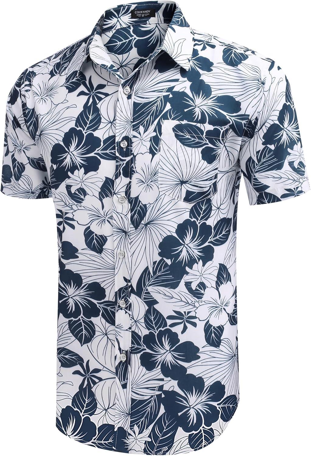 imageCOOFANDY Mens Hawaiian Shirt Short Sleeve Casual Button Down Tropical Summer Beach Aloha ShirtsWhite Navy Blue Floral