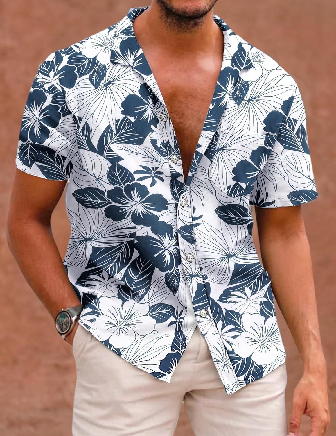 imageCOOFANDY Mens Hawaiian Shirt Short Sleeve Casual Button Down Tropical Summer Beach Aloha ShirtsWhite Navy Blue Floral