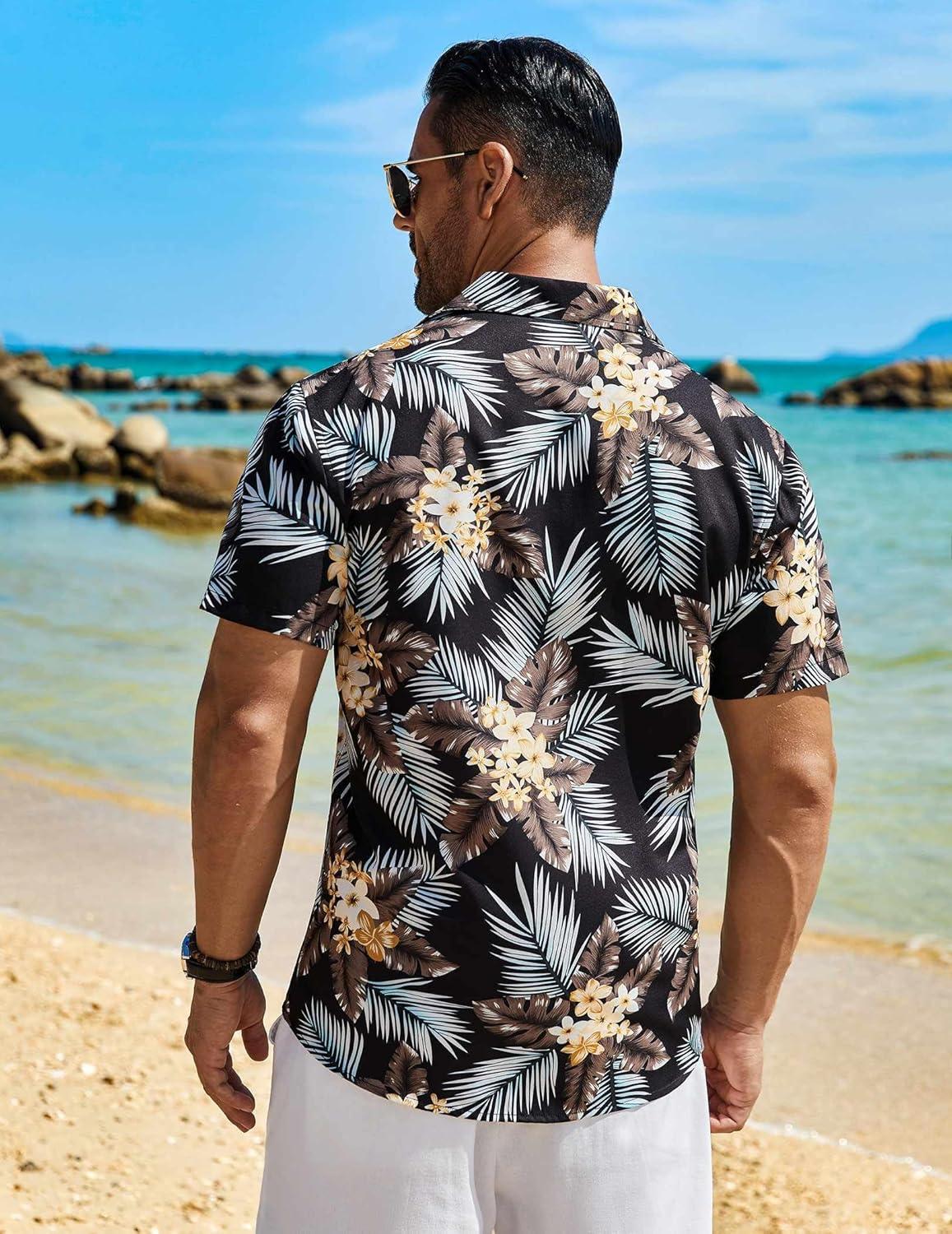 imageCOOFANDY Mens Hawaiian Shirt Short Sleeve Floral Button Down Shirts Tropical Holiday Beach ShirtsBlack Palm Leaf