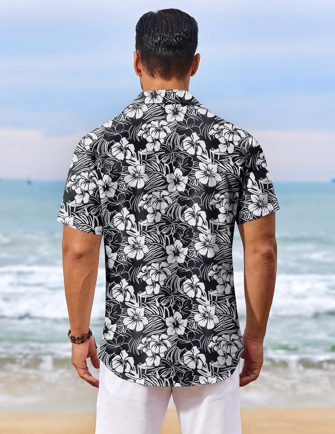imageCOOFANDY Mens Hawaiian Shirt Short Sleeve Floral Button Down Shirts Tropical Holiday Beach ShirtsBlack White Flower