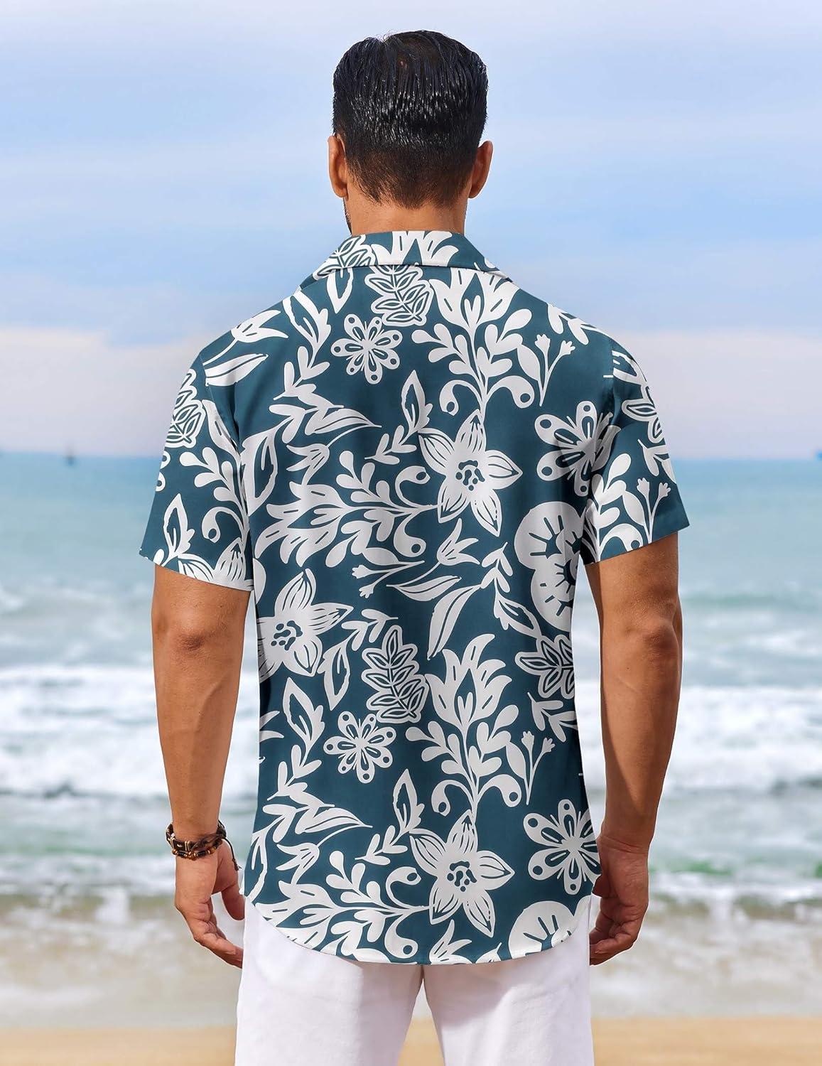 imageCOOFANDY Mens Hawaiian Shirt Short Sleeve Floral Button Down Shirts Tropical Holiday Beach ShirtsDark Green White Flower