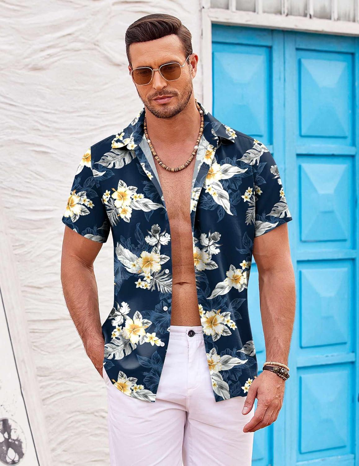 imageCOOFANDY Mens Hawaiian Shirts Short Sleeve Casual Button Down Beach Vacation Summer ShirtBlackapricot Bloom