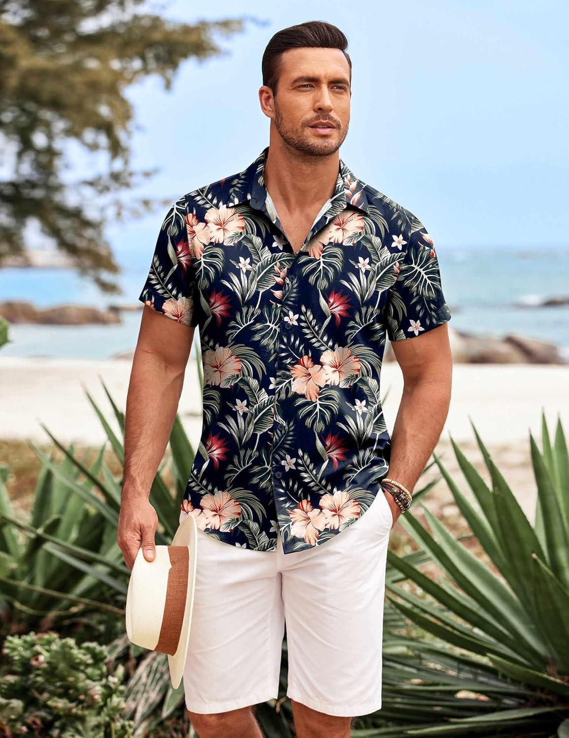imageCOOFANDY Mens Hawaiian Shirts Short Sleeve Casual Button Down Beach Vacation Summer ShirtBlackapricot Bloom