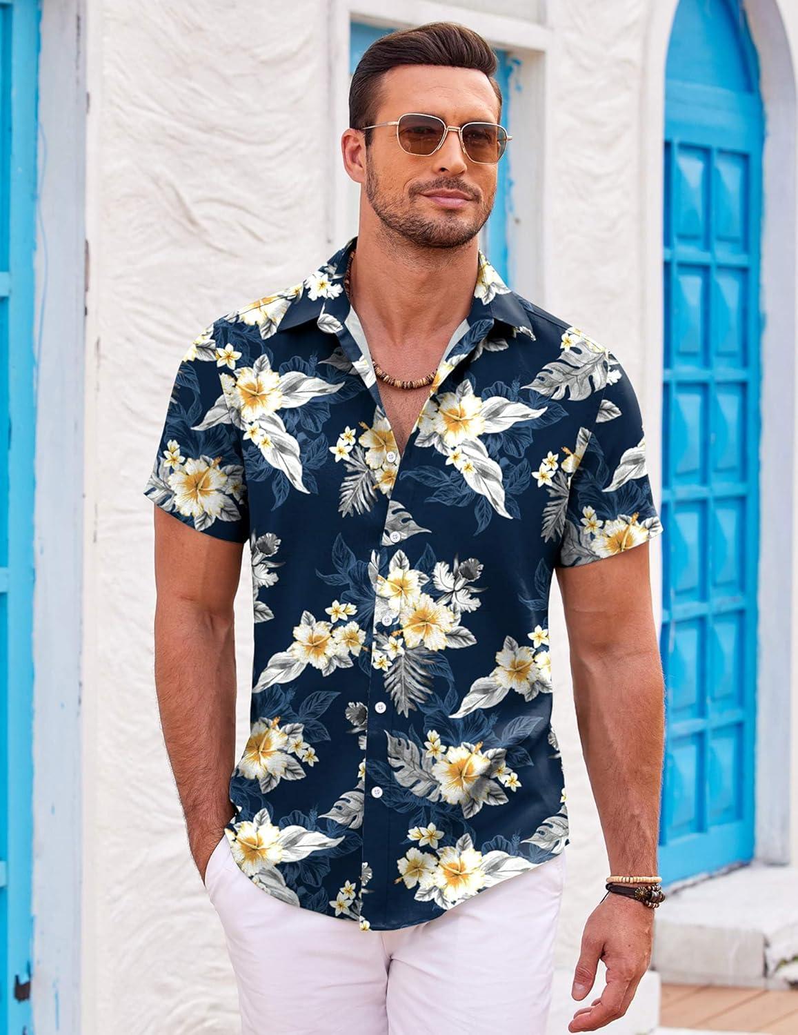 imageCOOFANDY Mens Hawaiian Shirts Short Sleeve Casual Button Down Beach Vacation Summer ShirtBlackapricot Bloom