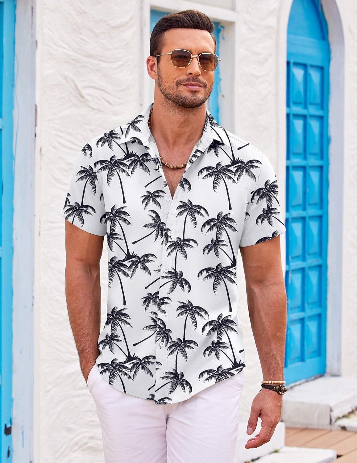 imageCOOFANDY Mens Hawaiian Shirts Short Sleeve Casual Button Down Beach Vacation Summer ShirtGreytropical Tree