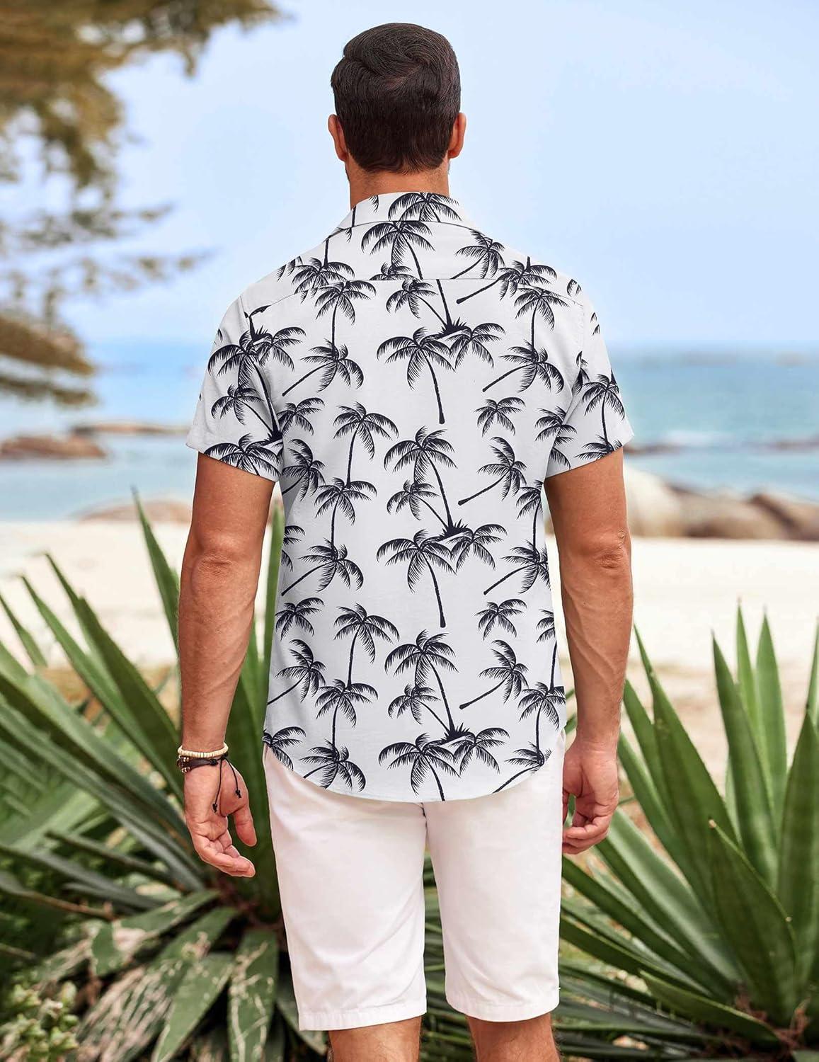 imageCOOFANDY Mens Hawaiian Shirts Short Sleeve Casual Button Down Beach Vacation Summer ShirtGreytropical Tree