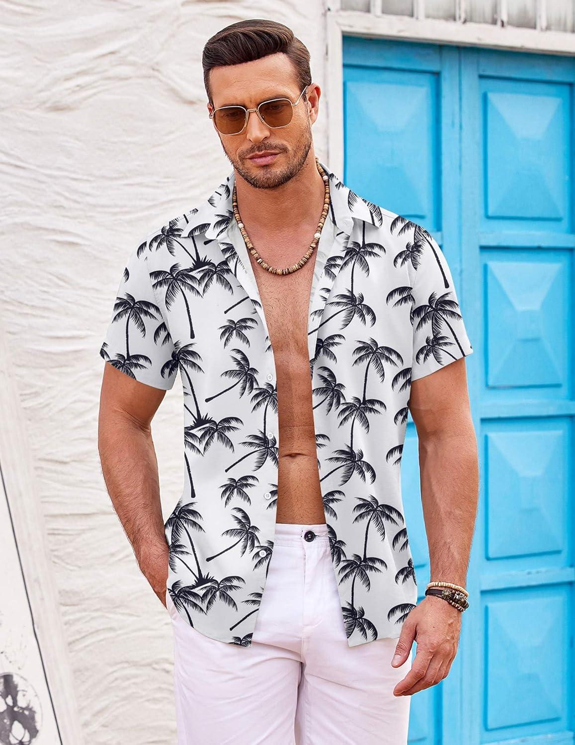imageCOOFANDY Mens Hawaiian Shirts Short Sleeve Casual Button Down Beach Vacation Summer ShirtGreytropical Tree