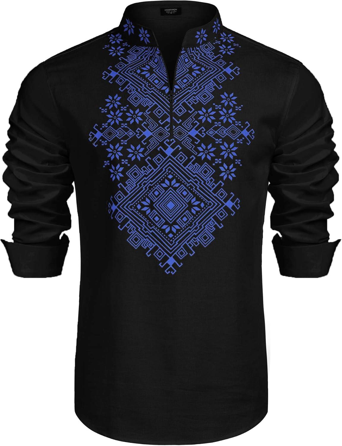 imageCOOFANDY Mens Henley Shirt Vyshyvanka Long Sleeve African Print Shirts Casual Zip Up Cotton Linen Beach Hippie ShirtBlack