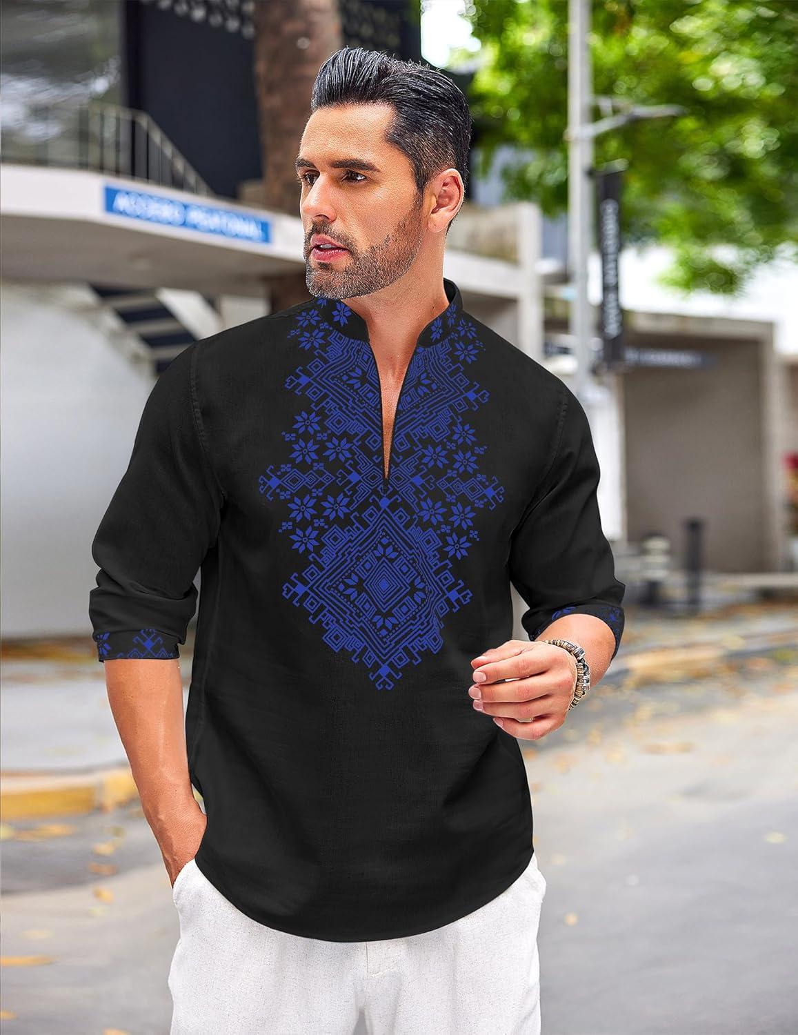 imageCOOFANDY Mens Henley Shirt Vyshyvanka Long Sleeve African Print Shirts Casual Zip Up Cotton Linen Beach Hippie ShirtBlack