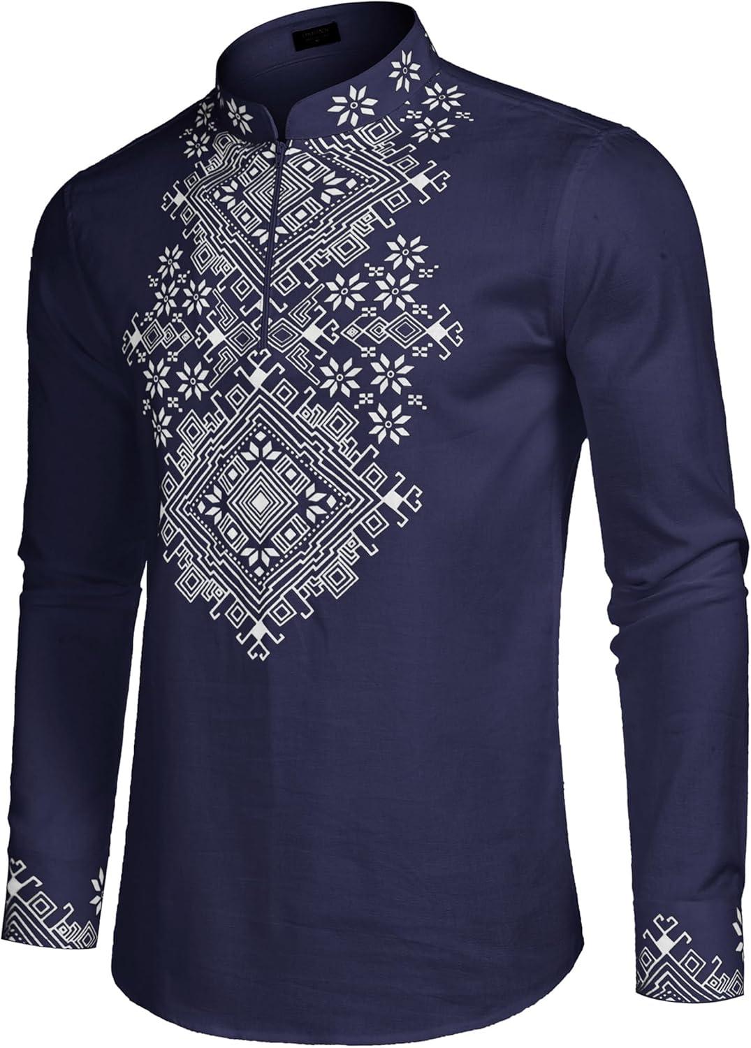 imageCOOFANDY Mens Henley Shirt Vyshyvanka Long Sleeve African Print Shirts Casual Zip Up Cotton Linen Beach Hippie ShirtBlue
