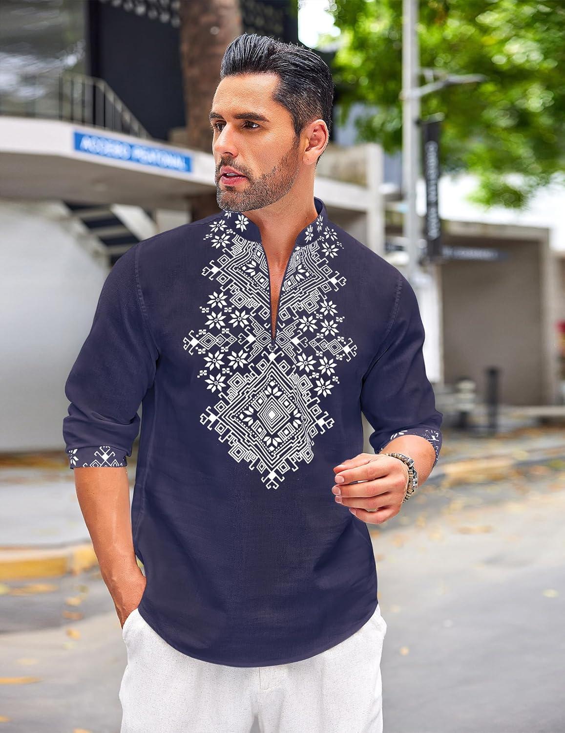 imageCOOFANDY Mens Henley Shirt Vyshyvanka Long Sleeve African Print Shirts Casual Zip Up Cotton Linen Beach Hippie ShirtBlue