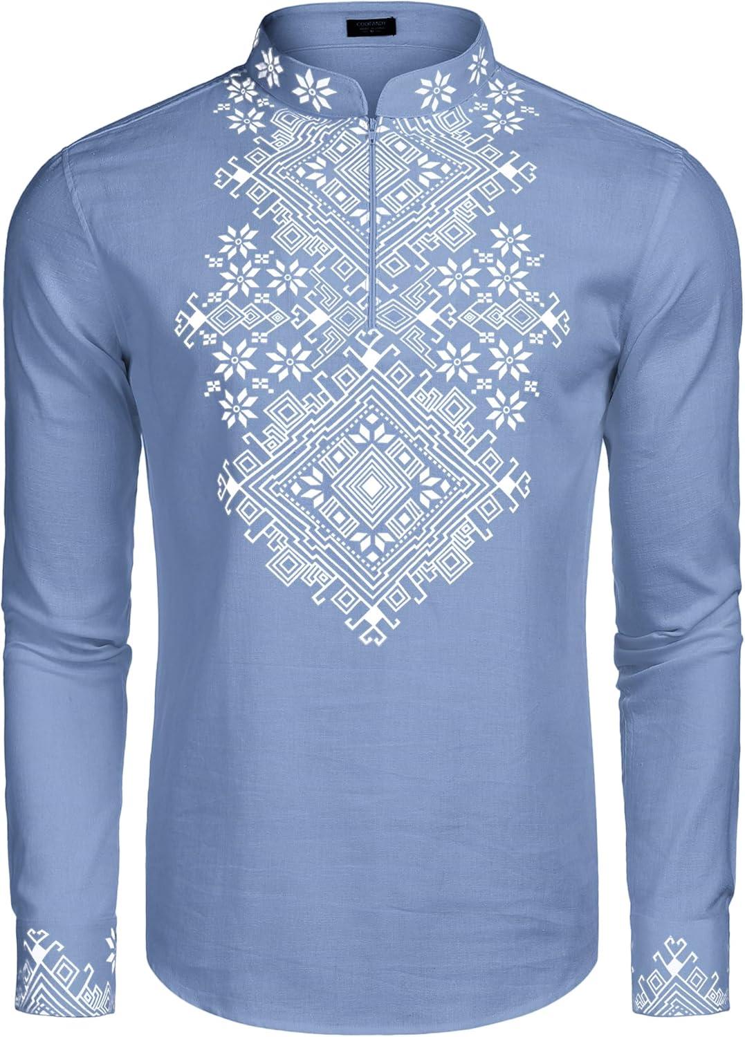 imageCOOFANDY Mens Henley Shirt Vyshyvanka Long Sleeve African Print Shirts Casual Zip Up Cotton Linen Beach Hippie ShirtDenim Blue