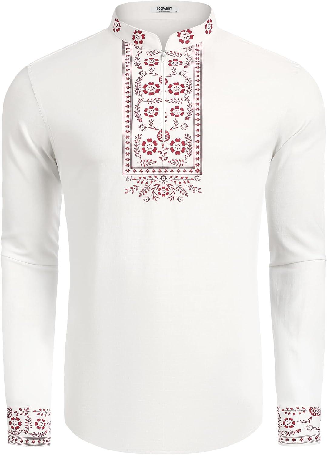 imageCOOFANDY Mens Henley Shirt Vyshyvanka Long Sleeve African Print Shirts Casual Zip Up Cotton Linen Beach Hippie ShirtFloral Print
