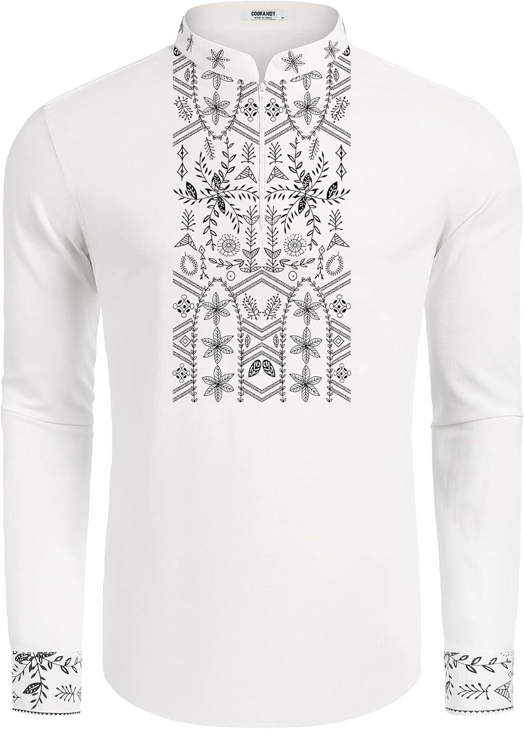 imageCOOFANDY Mens Henley Shirt Vyshyvanka Long Sleeve African Print Shirts Casual Zip Up Cotton Linen Beach Hippie ShirtLeaves Print